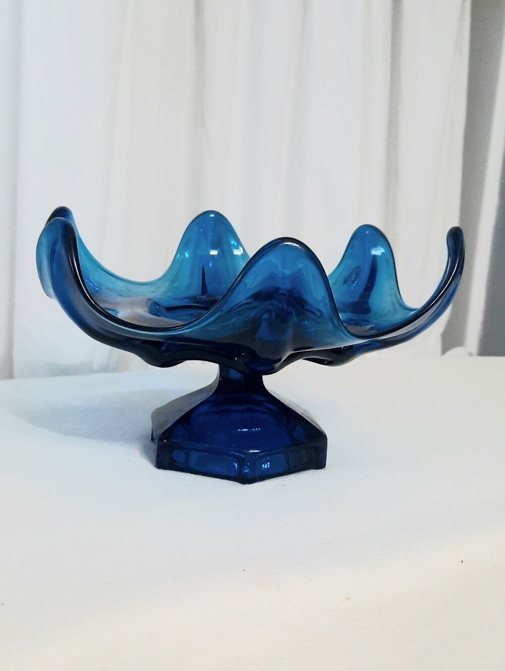 Vintage Viking Bluenique  Art Glass Compote Six Petal Footed Mid Century Modern